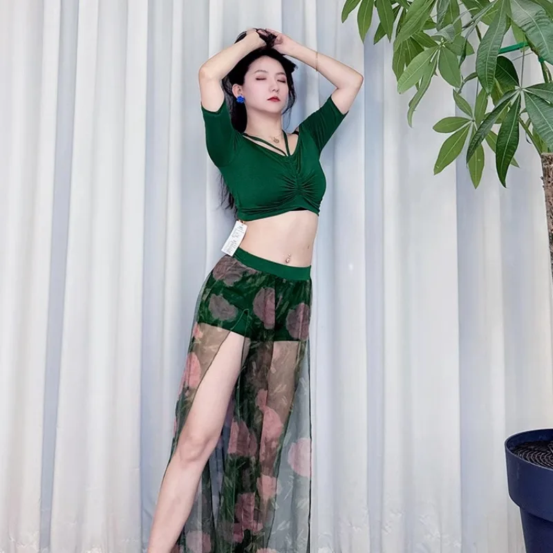 Юбка для танца живота по индивидуальному заказу, тренировочное платье, новинка 2025 года, чернильный порошок, имитация шелка, широкие брюки с разрезом, модальная одежда для танца живота