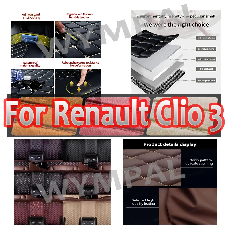 

Luxury Leather 3D Custom Car Mats With Pockets Floor Carpet Rugs For Renault Clio 3 2014 2015 2016 interior Parts Mats