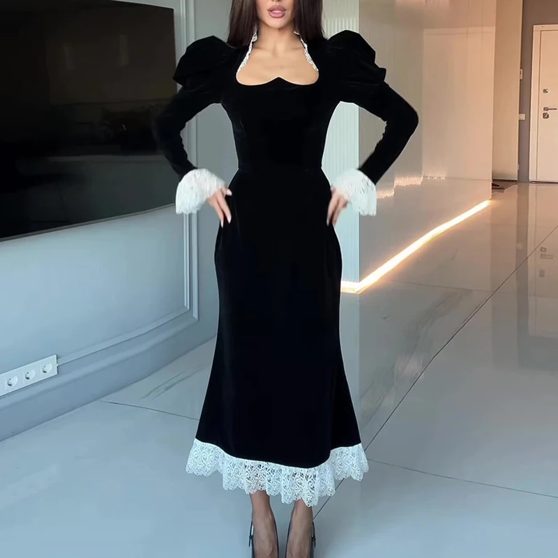 Vestido largo negro Sexy con cuello en U de encaje de retales para mujer nuevo vestido de fiesta de terciopelo ajustado liso elegante vestido Maxi bohemio de manga larga de otoño