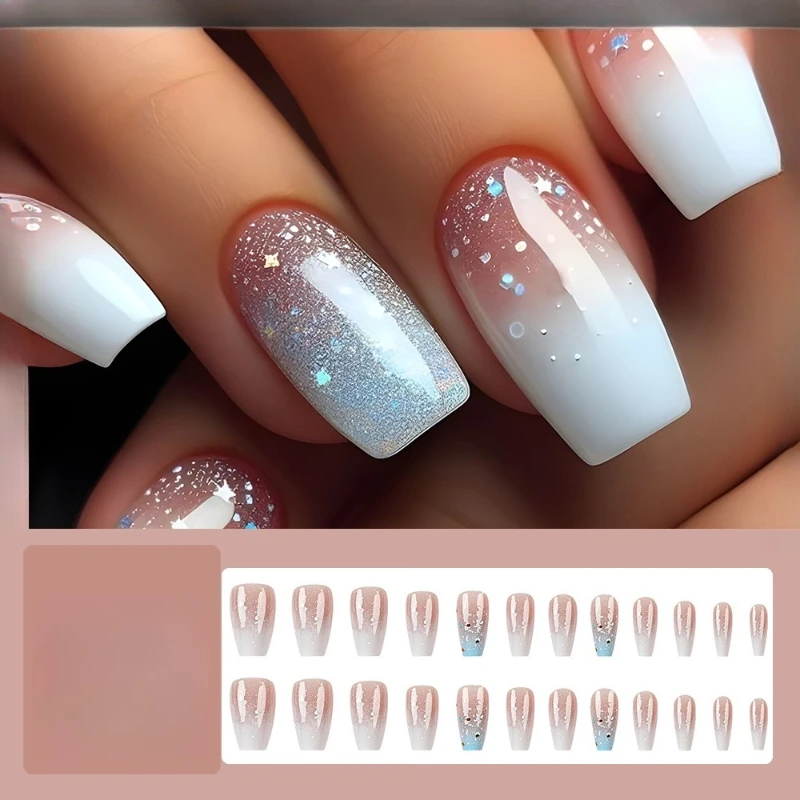 

Европейская и американская блестящая короткая балетная пленка для дизайна ногтей, простая, милая, крутая, белая и синяя, постепенная смена ногтей