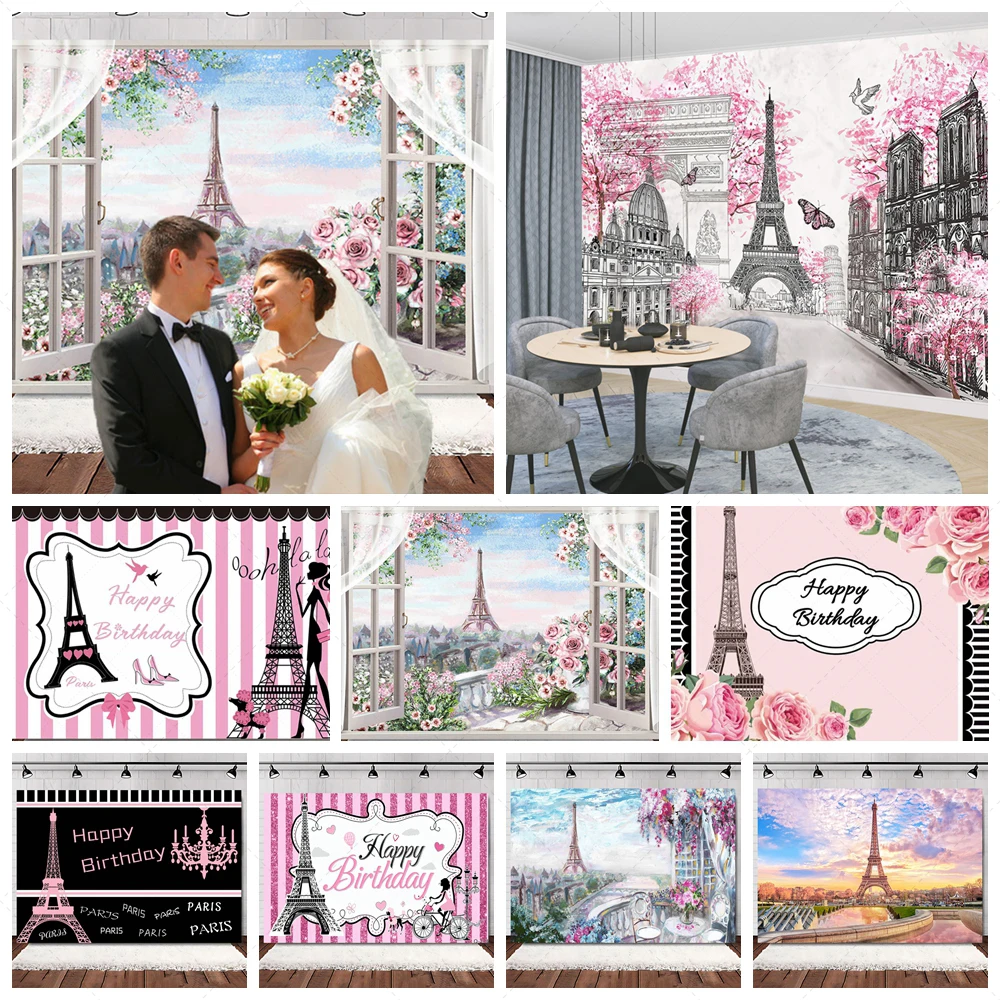 

France Paris Eiffel Tower Background Lady Birthday Party Decor Pink Flower Rose Banner Valentine's Day Photography Studio Props