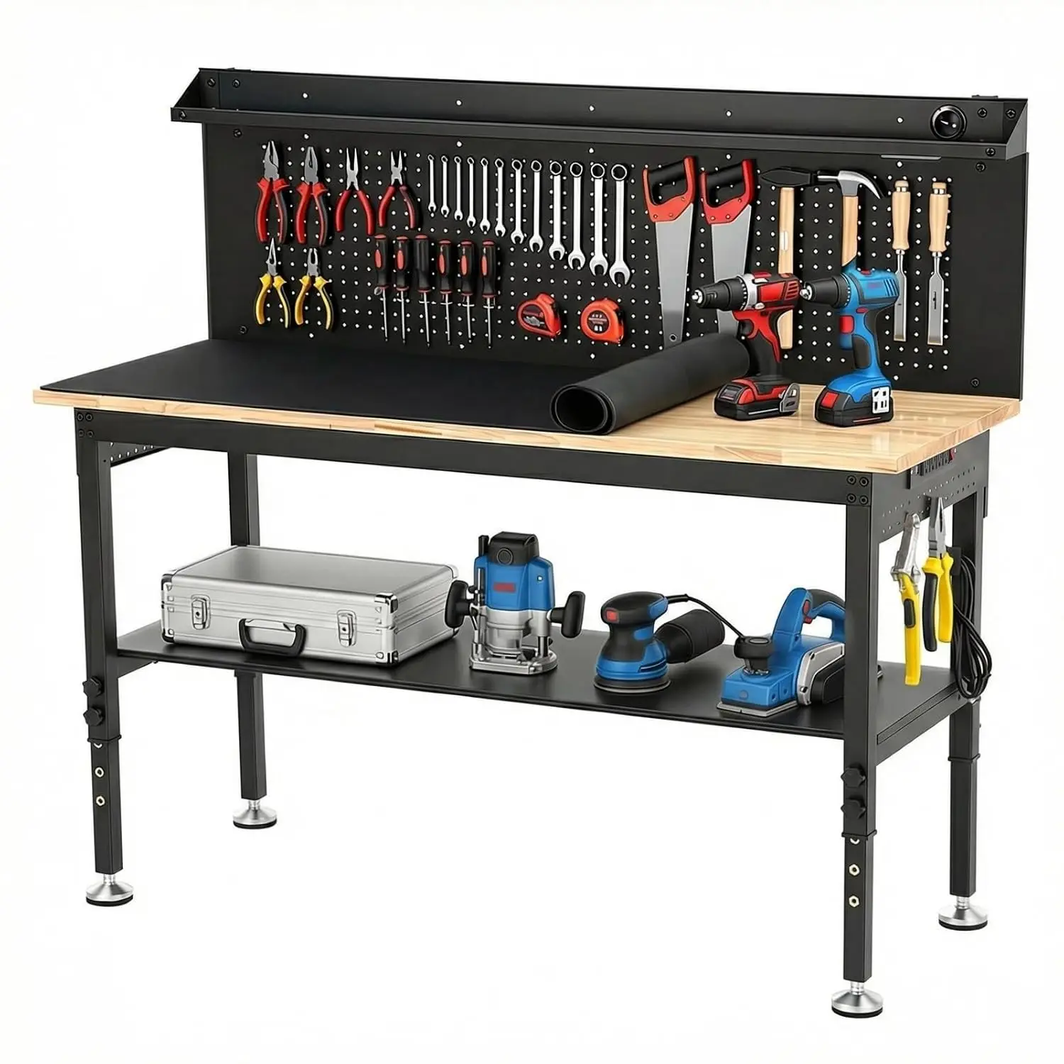 60 Inch Heavy Duty Workbench 3000 lbs Capacity Adjustable Table with Pegboard, Outlets, LED & Shelf for Garage, Customized