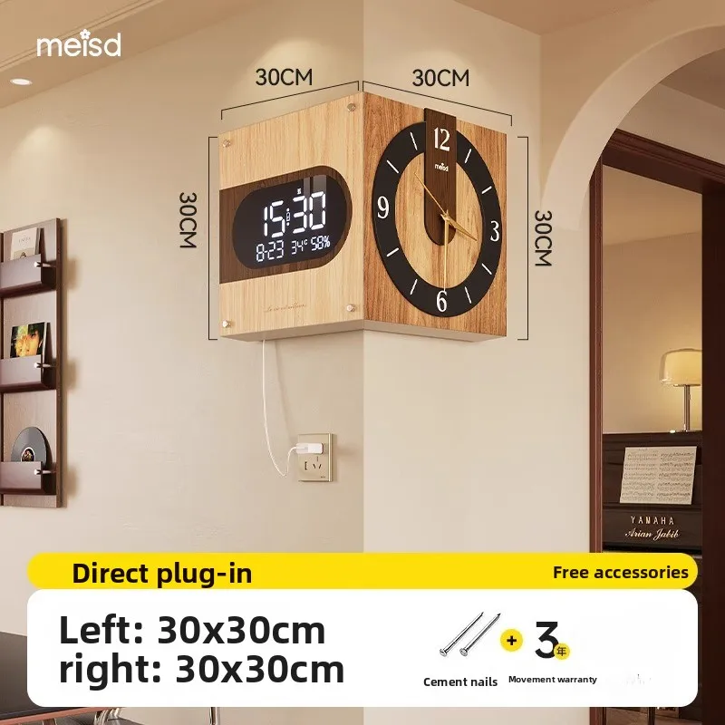 Mid-Century Modern Corner Clock with Perpetual Calendar Dual Display Digital Wall Clock Vintage Angle Timepiece for Living Room