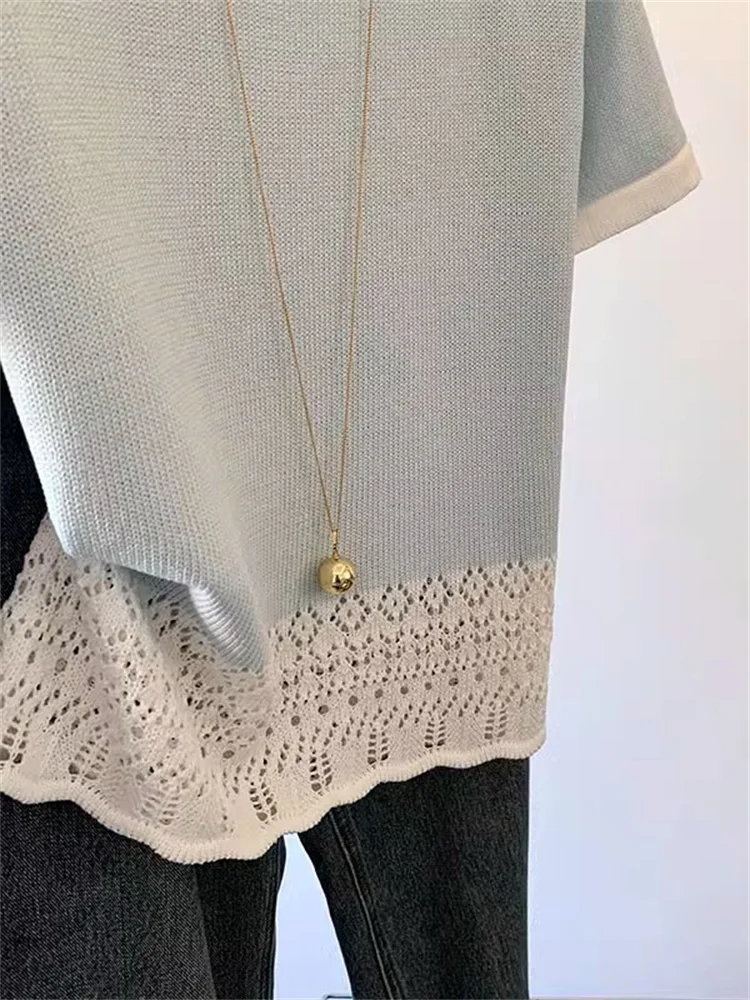 Faionable Fre Lace Trim ort Sve T-irt ex Summer Color Blo round Ne Top Men's Women's Commute Sle Korean ...