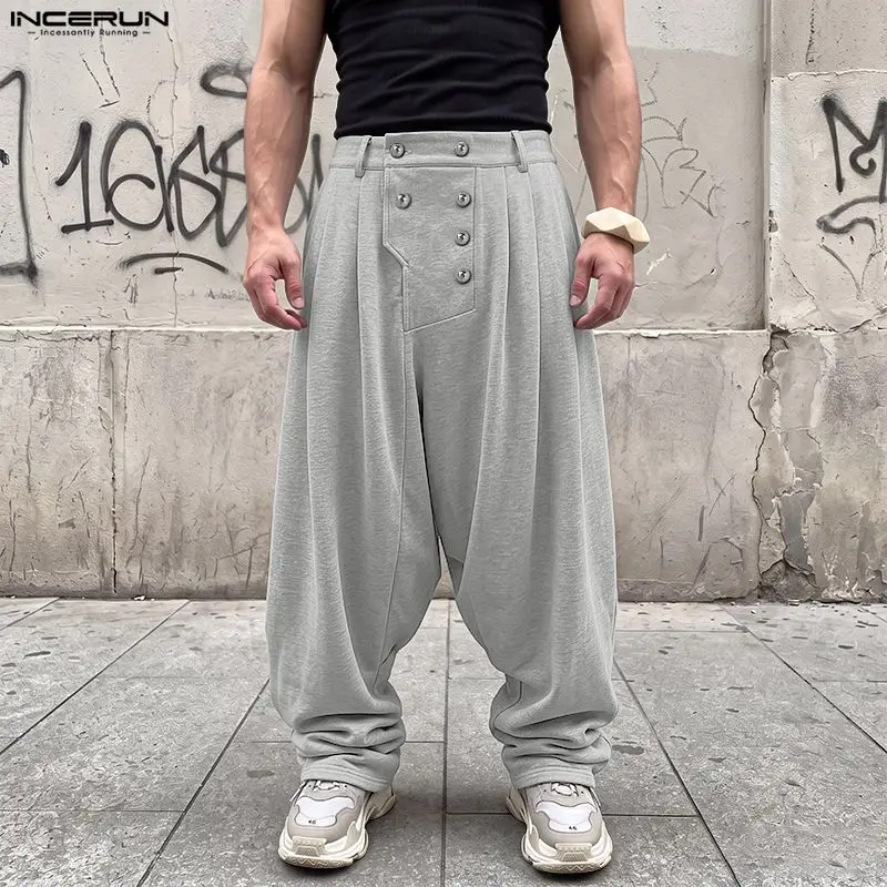 INCERUN Men Pants Solid Color Button Loose Pleated Joggers Casual Trousers For Man Streetwear 2026 Stylish Long Pants Pantalones