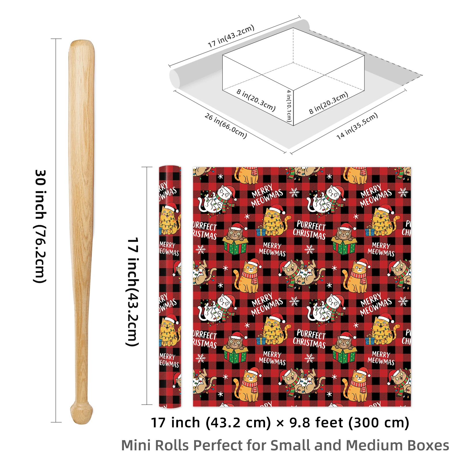1 Roll of Fun Cat-Themed Christmas Wrapping Paper, Red and Black Plaid Christmas Cat Design, Children's Party Gift DIY Decorative Paper, 43.2cm X 300cm (17inch X 9.84 Feet)
