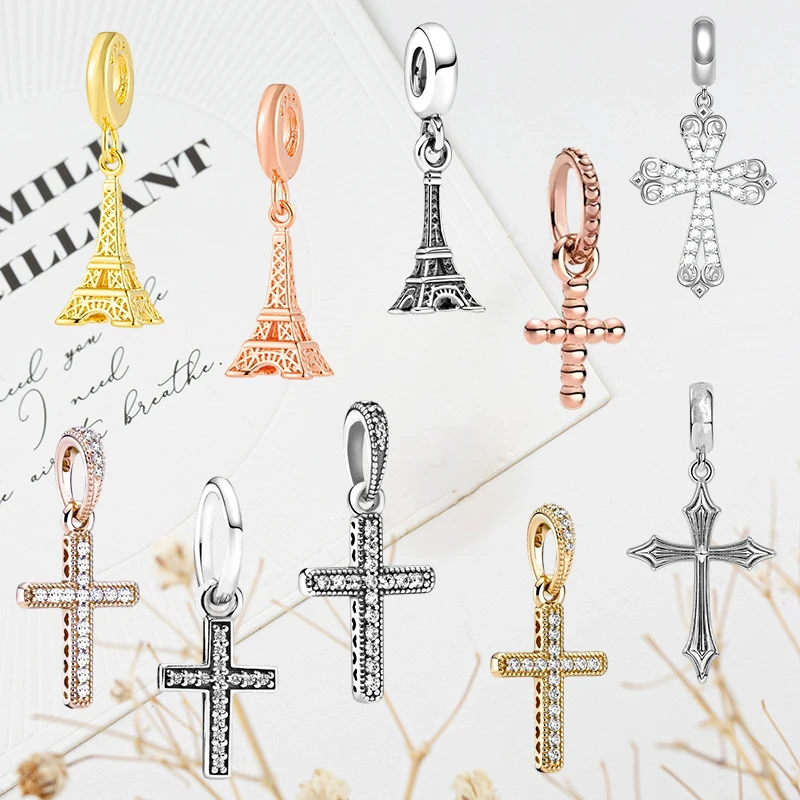 

Hot Sale DIY Making Classics Sparkling Cross & Paris Eiffel Tower Dangle Charm Bead Fit Original Silver Bracelet Women Jewelry