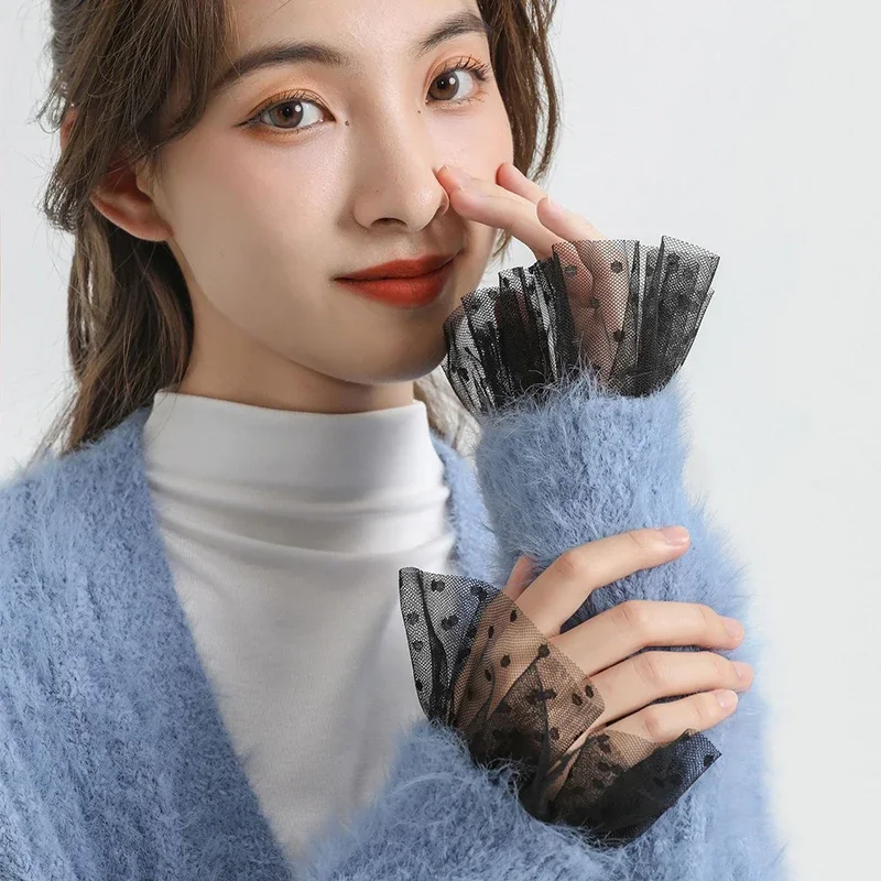 Vintage Shirt Detachable Flare Sleeve Cuff for Women Polka Dots Lace Mesh Fake Cuffs Sweater Decorative Girls False Sleeves