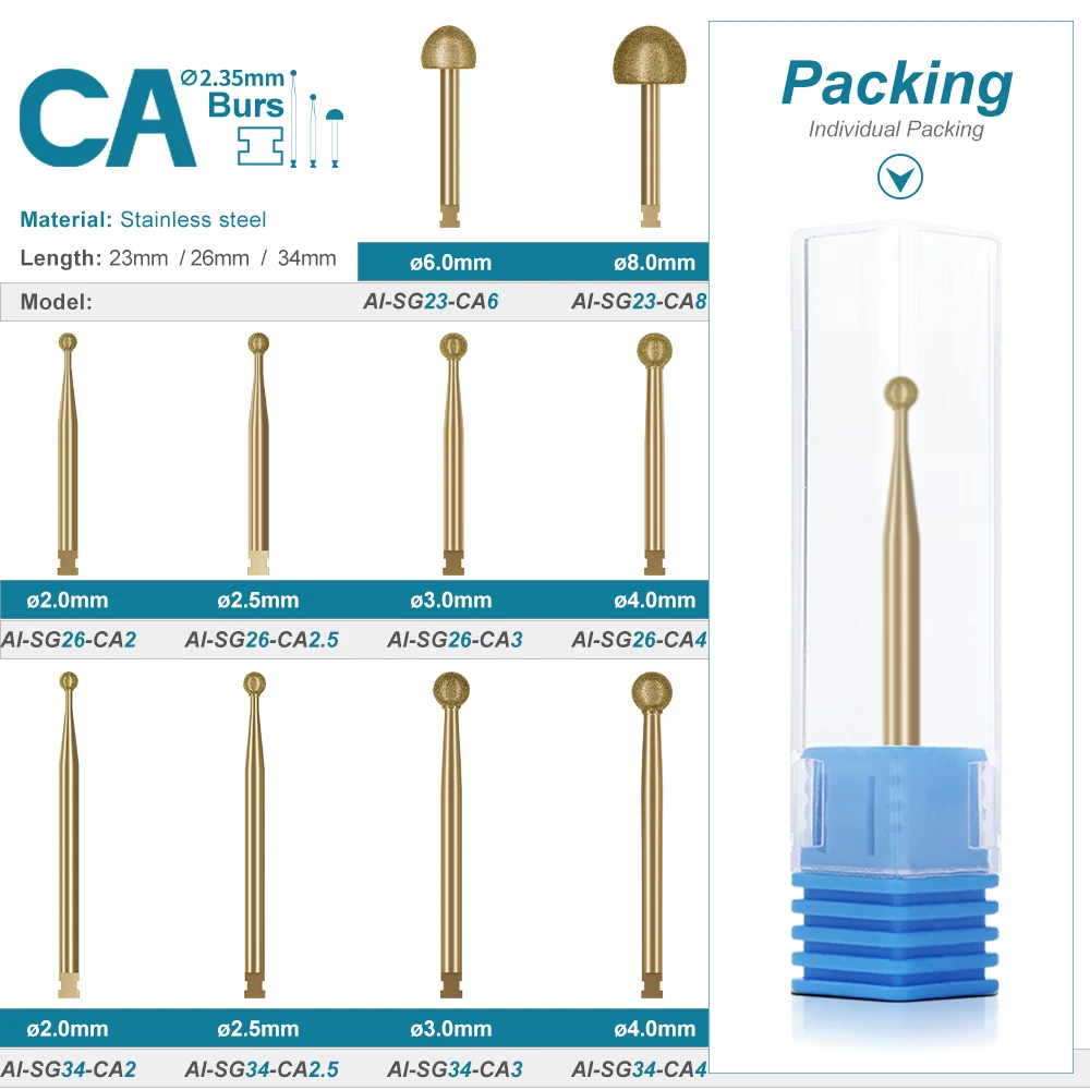 Dental 2.35mm CA Diamond Burs for Implant Surgical Handpiece  23mm/24mm/34mm Polishing Drills Spare Parts 1 PCS