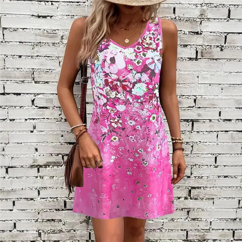 Summer Faion Sweet V-ne Floral Print Svel Vest Dr Women's Loose Waist Triacetate Fiber 00% Ciwalk Dr