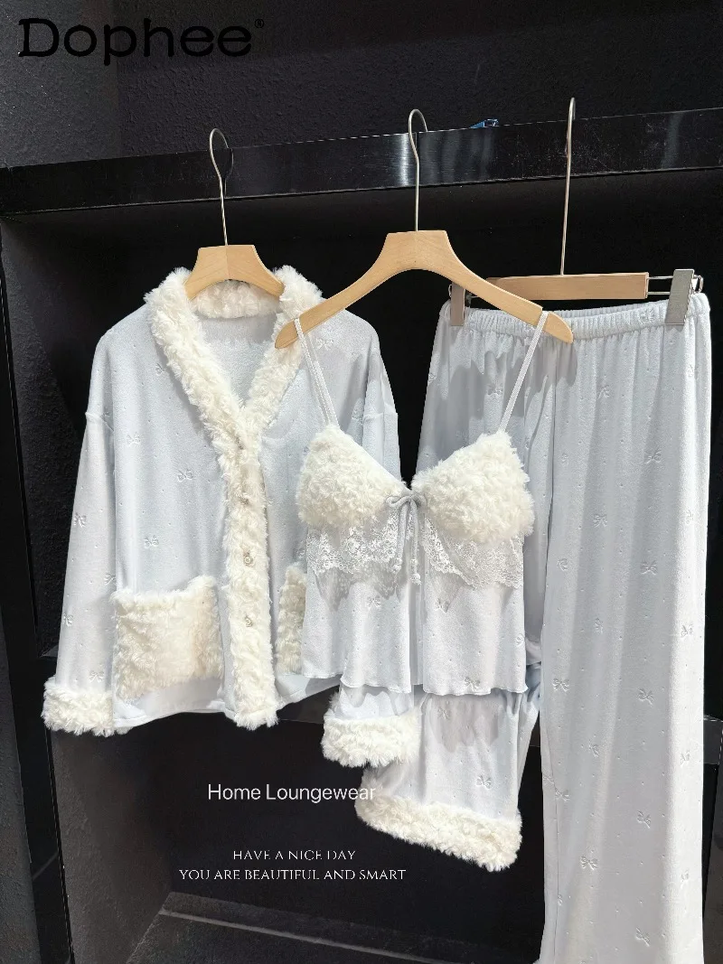 

2025 Autumn Winter New Women's Pajamas Sweet Cute Thin Velvet Warm Sexy Thickened Warm Japanese Style Ins Home Wear Set