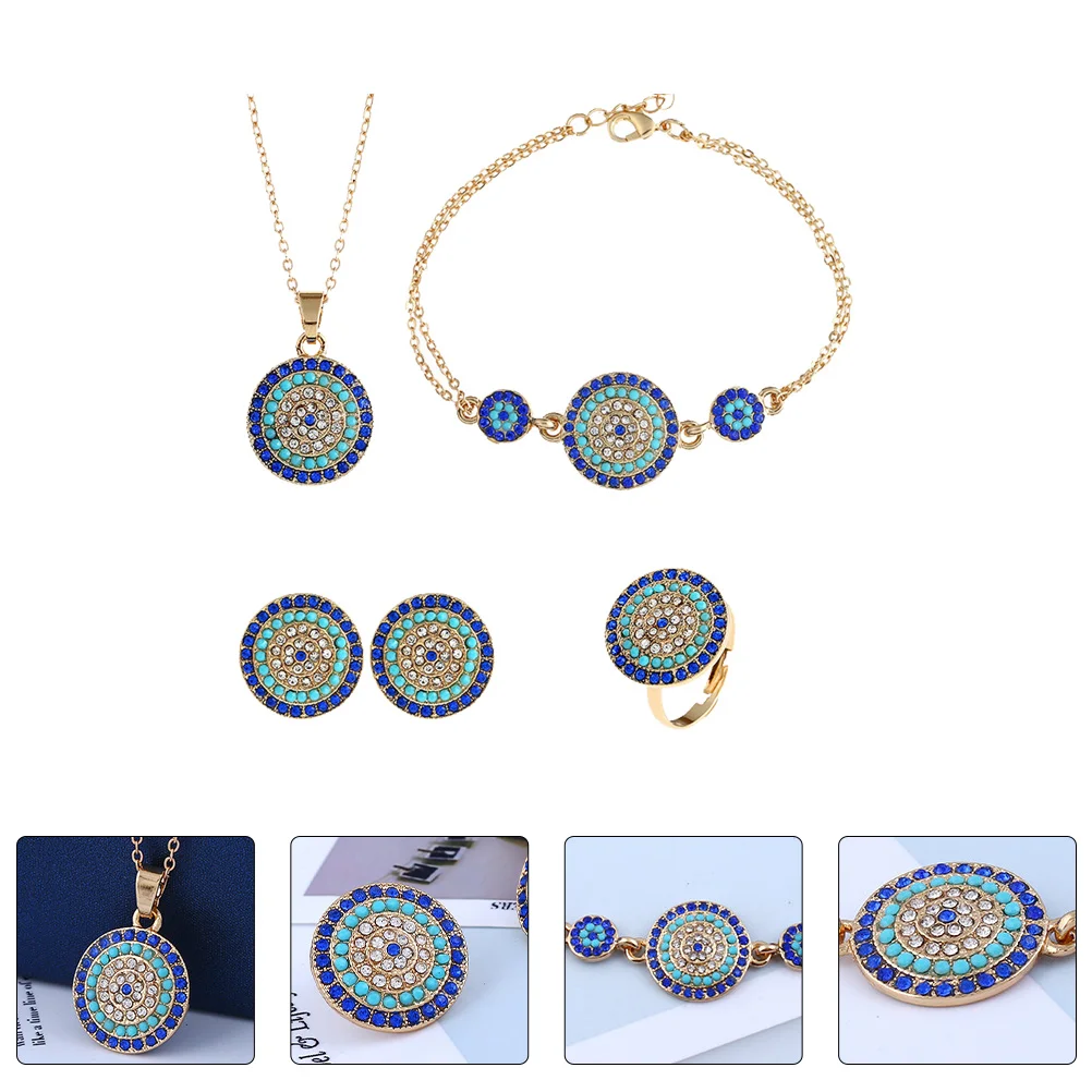 Collana con occhi Orecchini Set di gioielli lucidi Kit di braccialetti con decorazioni squisite Il cerchio rotondo in lega blu turca da indossare per feste