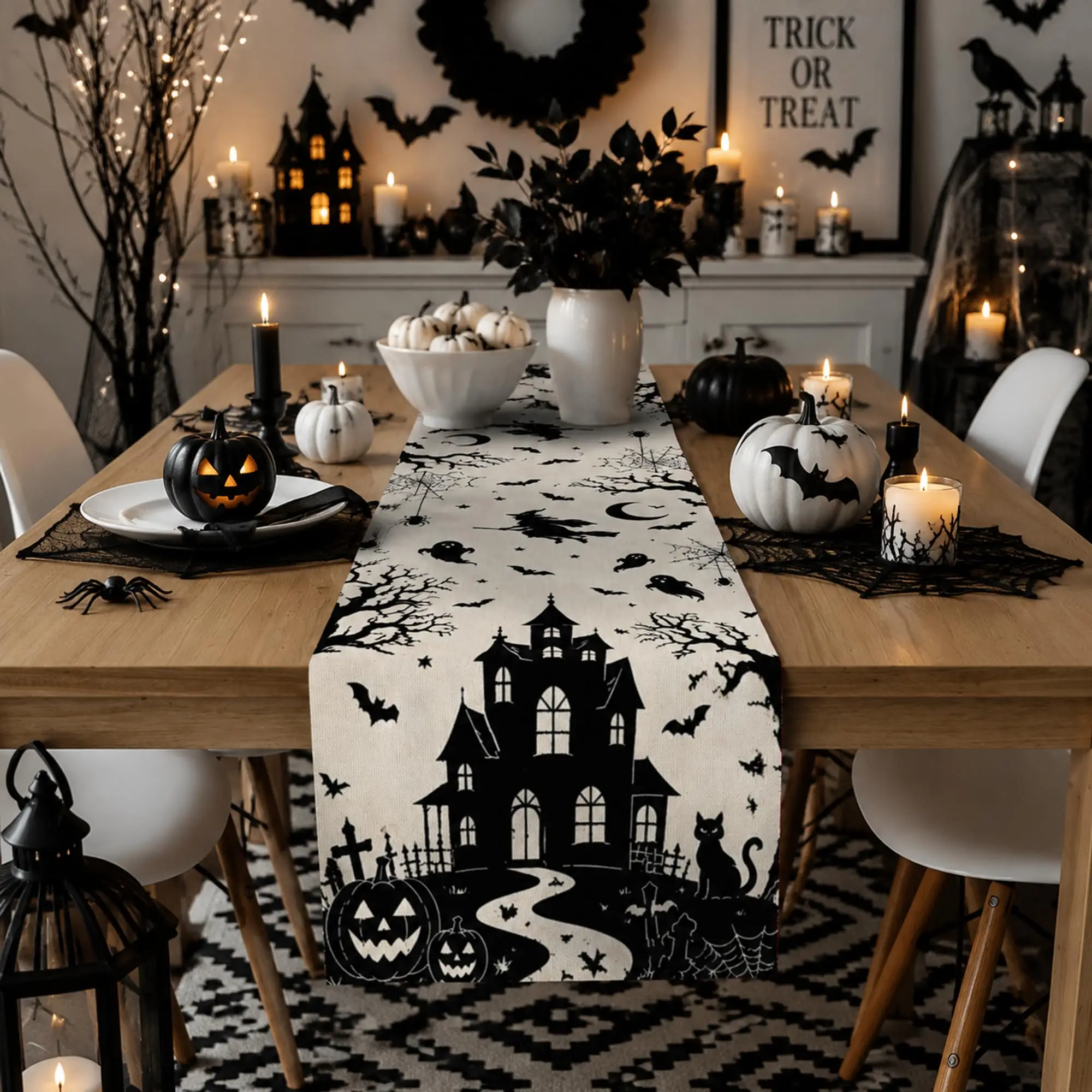 Halloween Table Runner, Spooky Haunted House Pumpkin Black Cat Bat Spider Web Table Decor, Holiday Party Dining Table Decoration