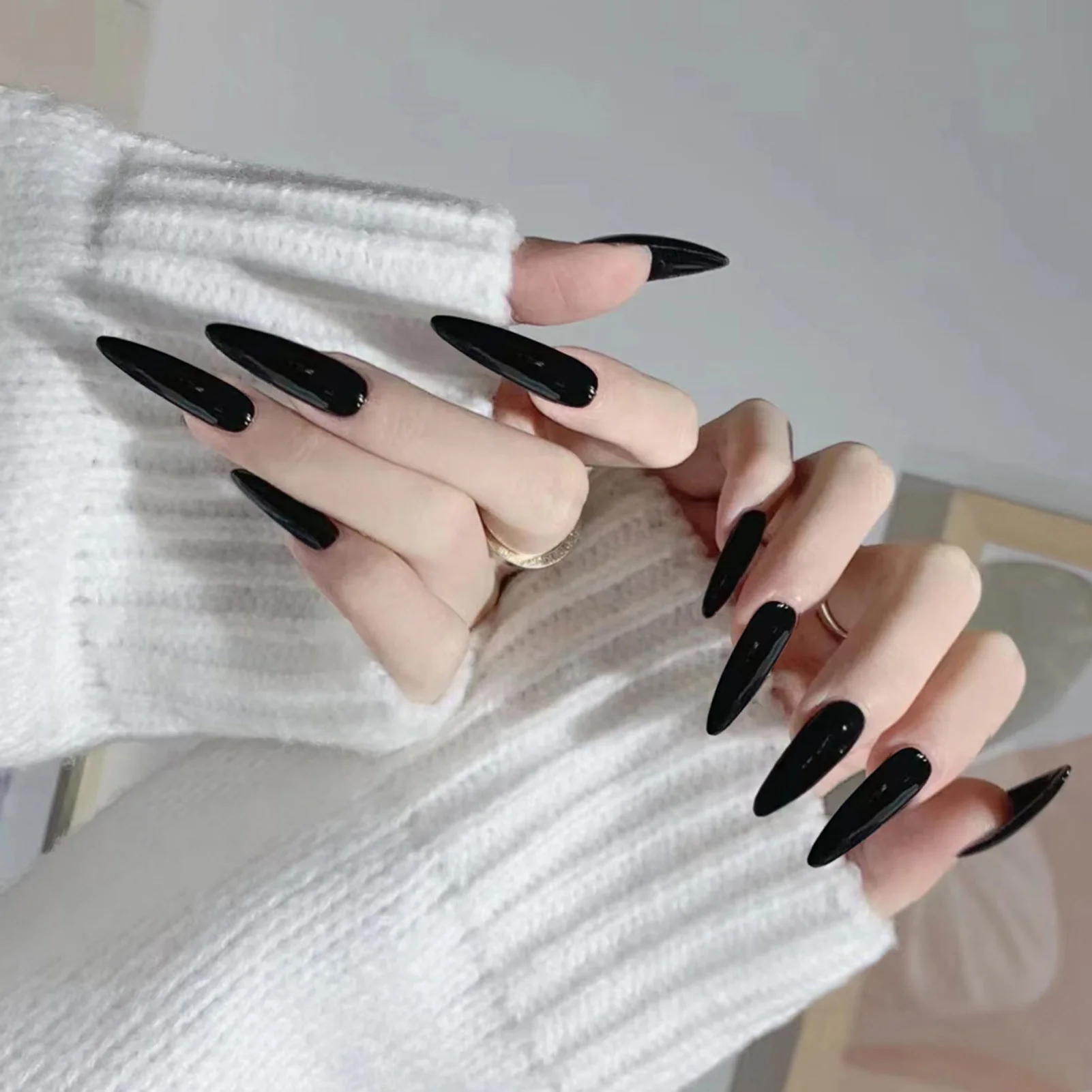 Black Pointed Head Long False Manicure Long Lasting Safe Material Waterproof False Nails for Manicure Lovers and Beauty Bloggers