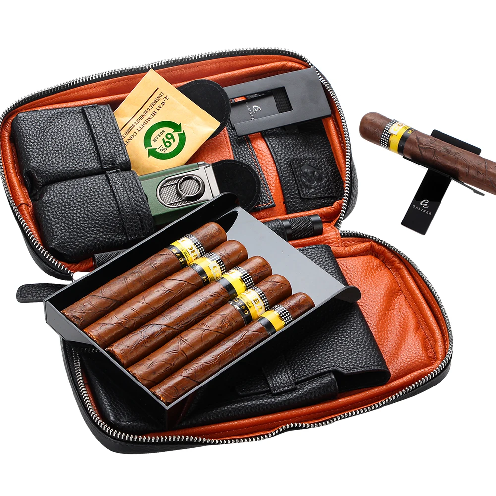 

GALINER Leather Cigar Case With V Cutter Cigar Lighter 69% Humidity Pack Cigar Holder Support Travel Humidor