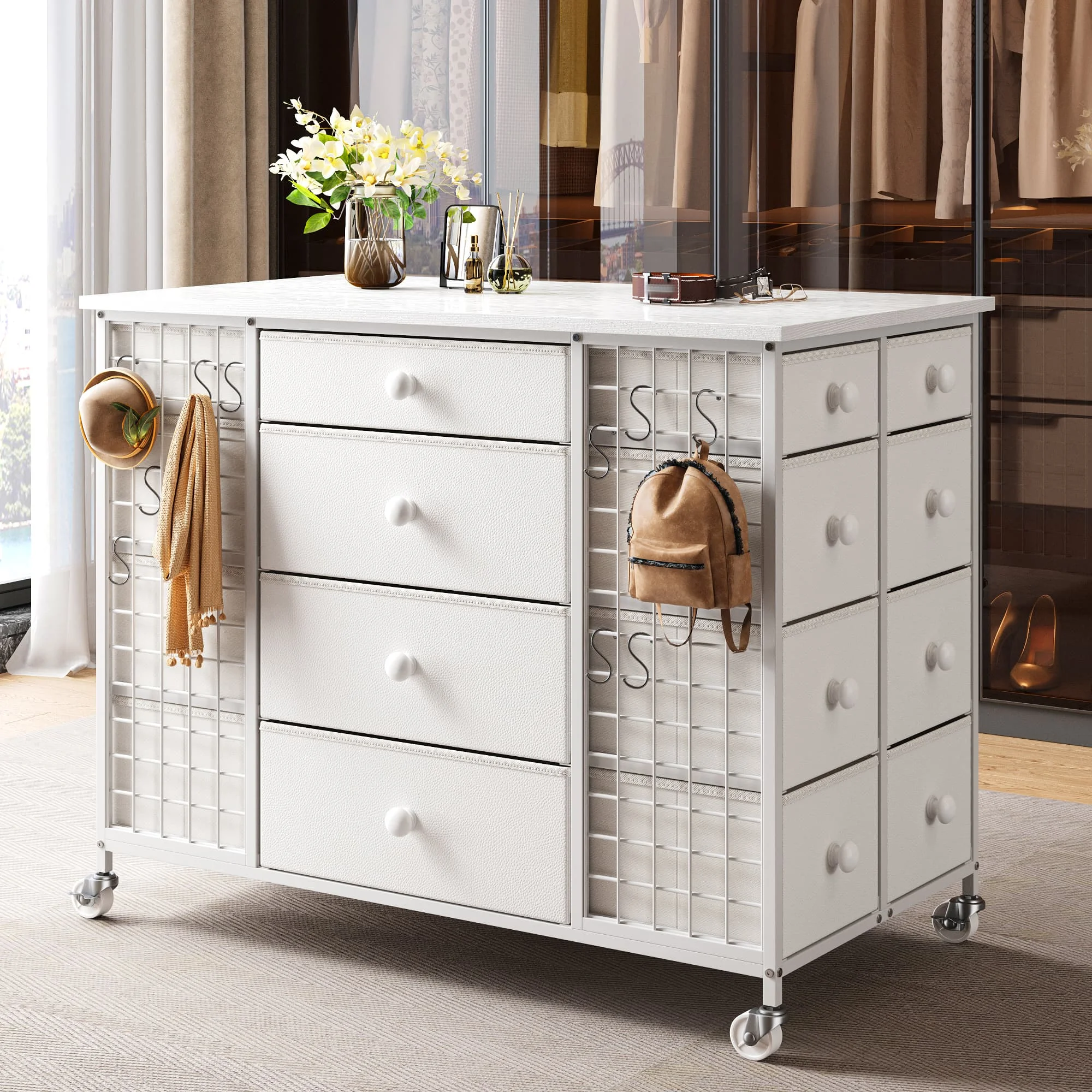EnHomee Heavy Duty 24 Drawer Rolling Dresser with 40 Inch Wood Top and Metal Frame for Home or Commercial Use