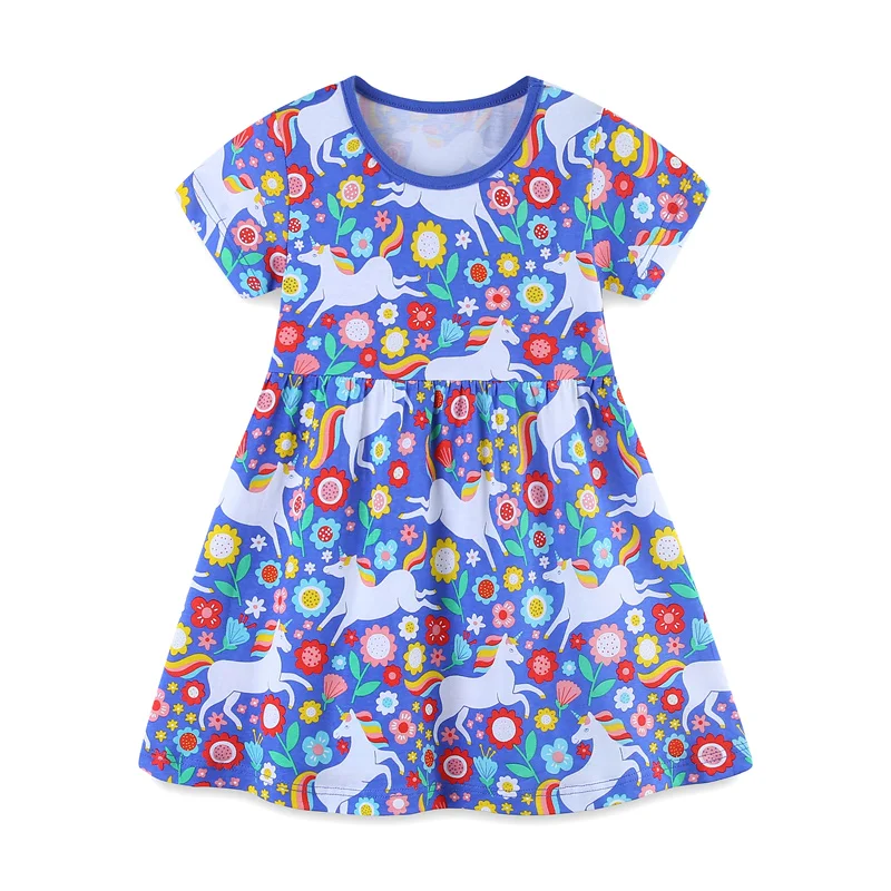 2-7T New Arrival Baby Princess Dresses Summer Girls Party Dress Unicorn Print Children's Short Sleeve Dresses Frocks Toddler