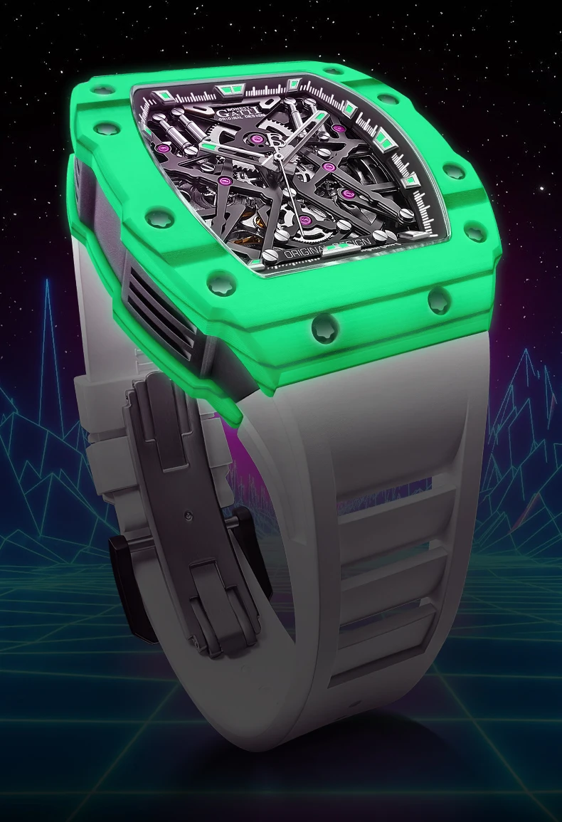 BONEST GATTI Men Automatic Watch 44*52mm Carbon Fiber Case Tonneau Mechanical Wristwatch Waterproof Sapphire Lume Skeleton Dial