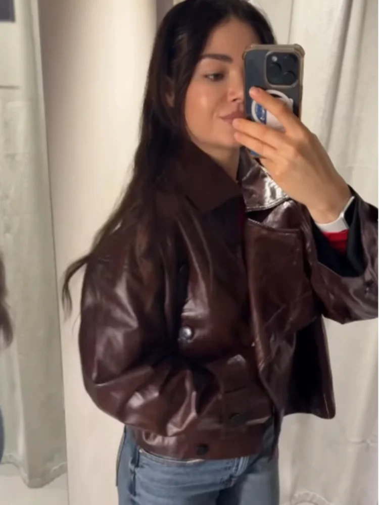 Street Stand Collar PU Leather Women's Jacket Red Long Sleeve Asymmetry Button Female Coat 2025 Autumn Lady Locomotive Outerwear