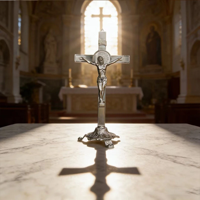 Neues hochwertiges, versilbertes katholisches St.-Benedikt-Kruzifix mit verziertem Sockel, stehendes Kreuz für den Gottesdienst auf dem Tisch und die tägliche Andacht. – Detail 8