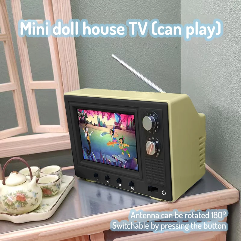 TV Retro Para Casa De Muñecas 1:12 Con Pantalla LCD Y Antena Giratoria – Mini Televisor Recargable Por USB Que Reproduce Vídeos Reales