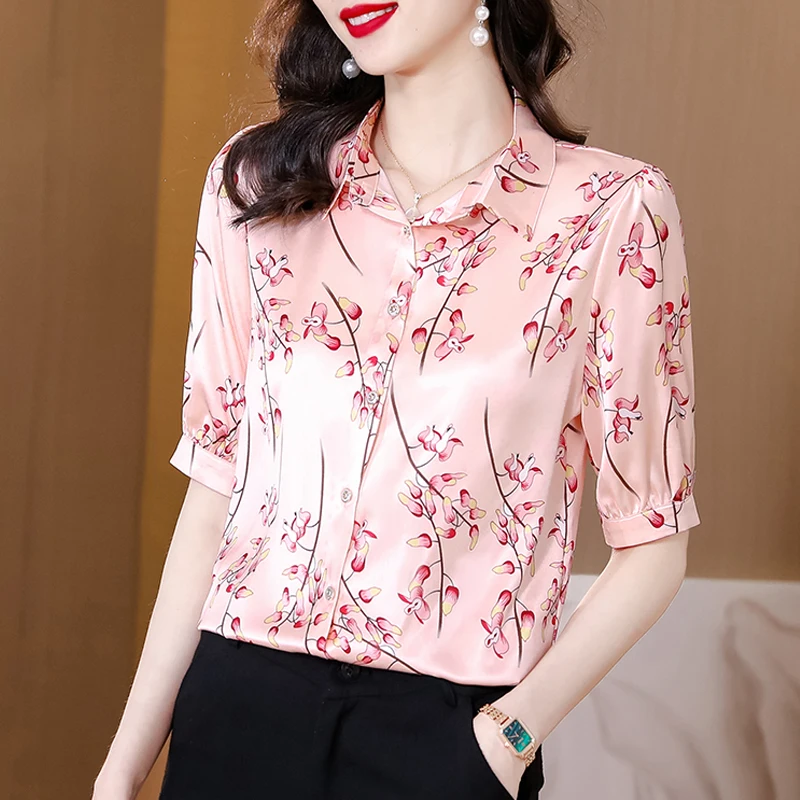 2023 Summer Silk Satin Shirt Women\'s Short Sleeve Printed Top Turndown collar Single-breasted OL Blouse