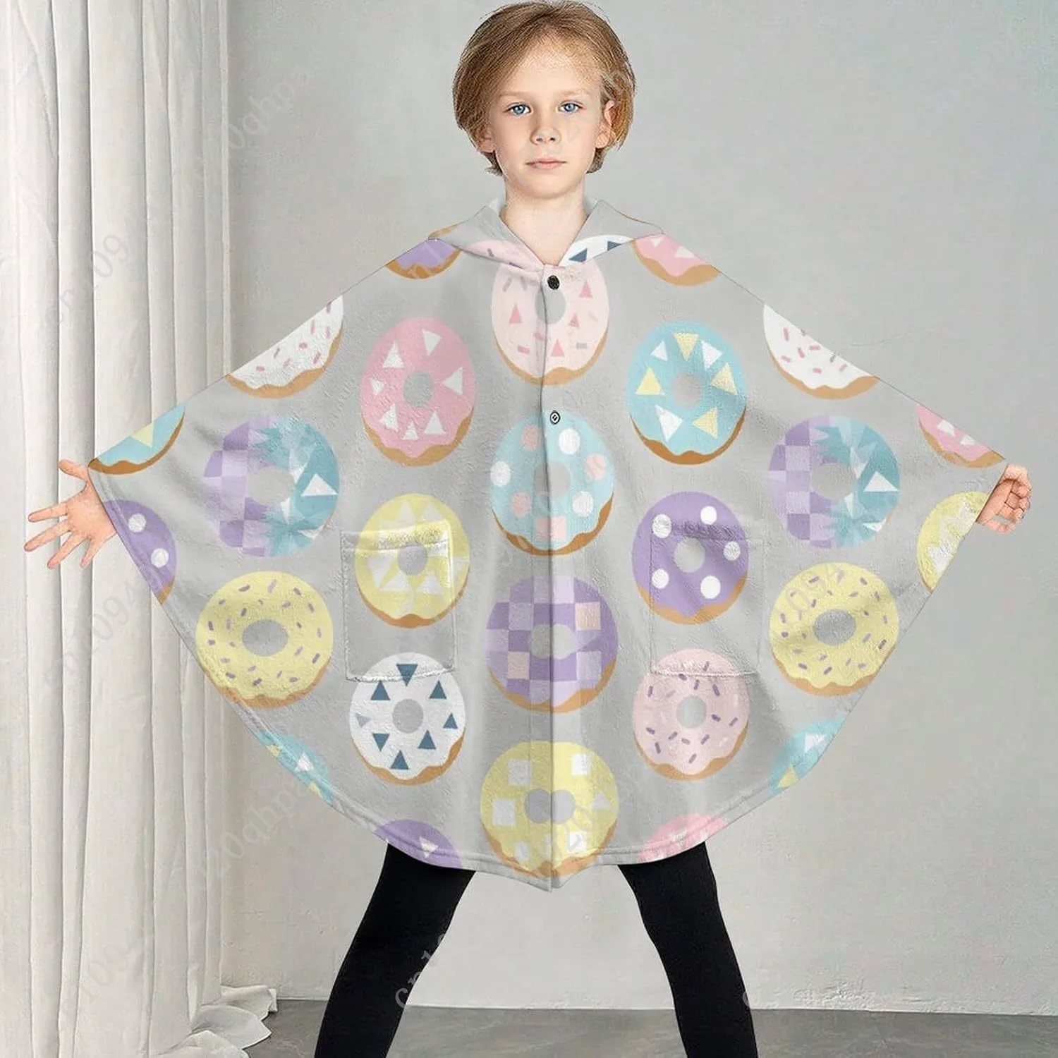 Comodo maglione coperta in flanella, felpa con cappuccio oversize con ciambelle colorate e tasche per bambini e adolescenti