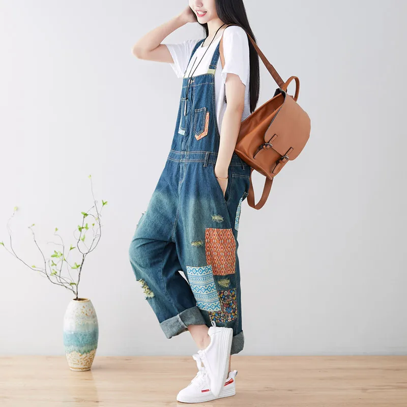 Wide Leg Jeans Ripped Overalls Women Distressed Hole Denim Pants Ankle Length Jean Loose Vintage Pockets Streetwear Spliced