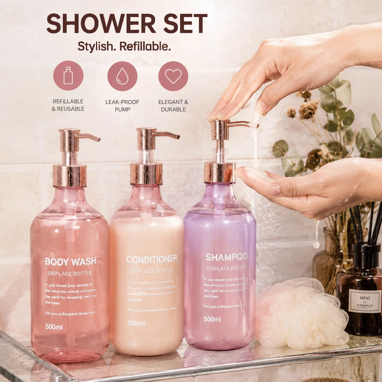 Bathroom Shower Dispenser Set, Refillable Pink Shampoo, Conditioner and Bodywash Bottles for Elegant Bath Decor view 5