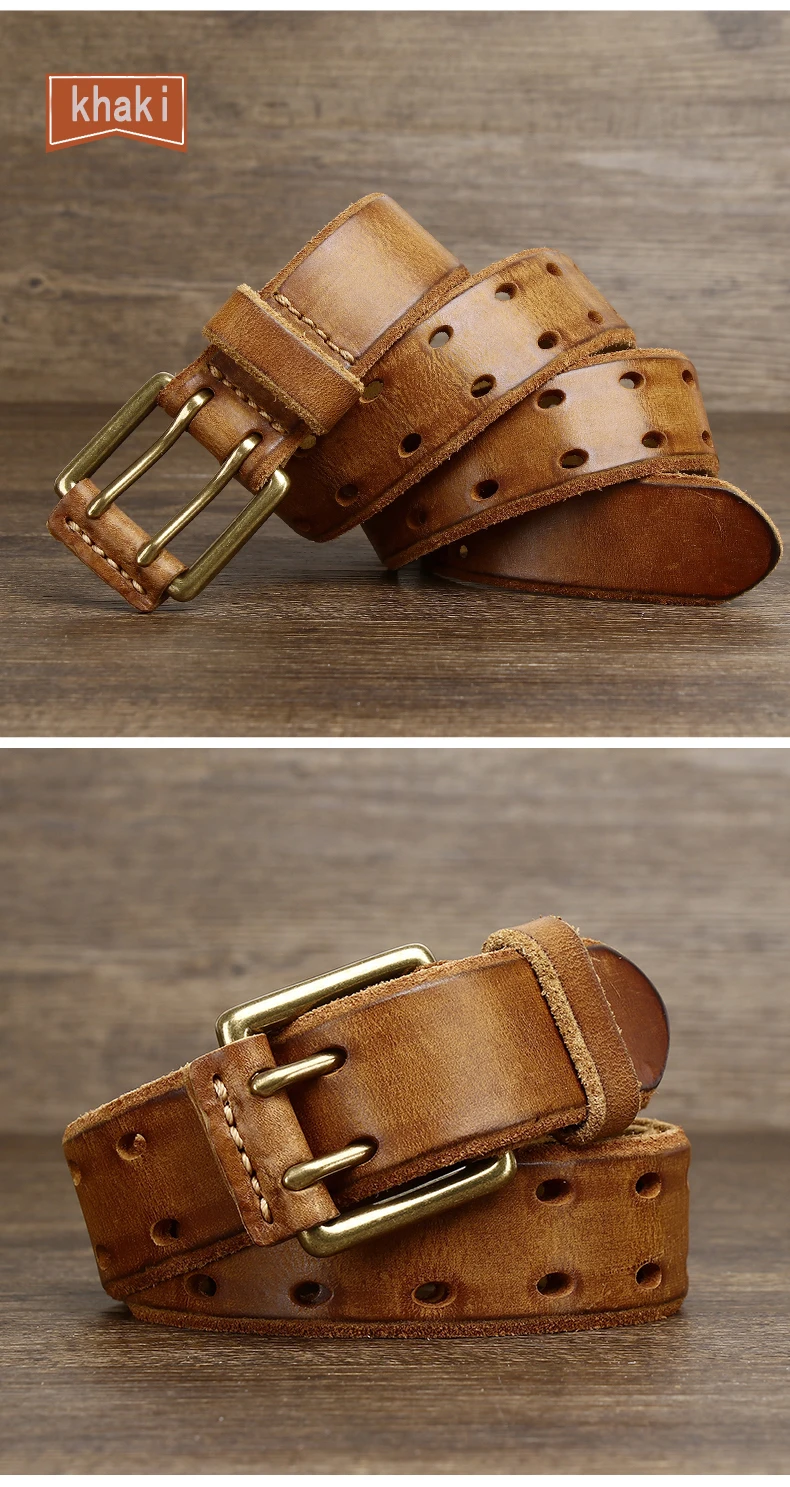 Belt For Men Leather Work Heavy Duty Double Buckles Dlawed Genuine Leather 3.8cm Male Copper Buckle Retro Brown Men's Belt