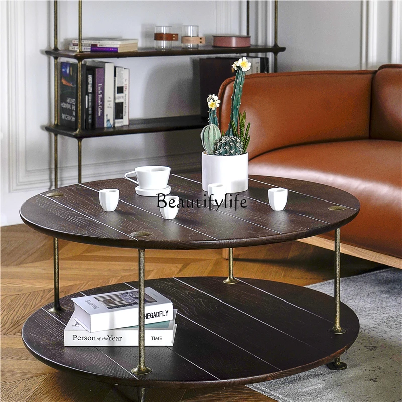 Nordic simple modern solid wood coffee table small apartment light luxury oak wrought iron round edge table