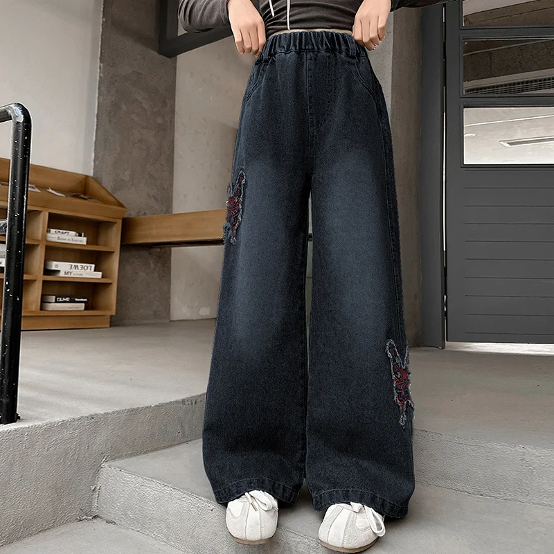 Moda para chicas, pantalones vaqueros de pierna ancha con mariposas, pantalones de corte recto, ropa de moda para niños, pantalones vaqueros negros y azules para niños de 5 a 14 años