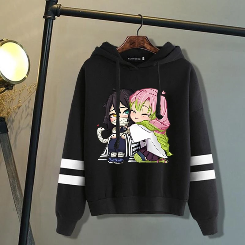 New Cute Kanroji Mitsuri Iguro Obanai Cartoon Print Hoodies Women Men Causal Tops Couple's Harajuku Stripe Sweatshirts Pullover