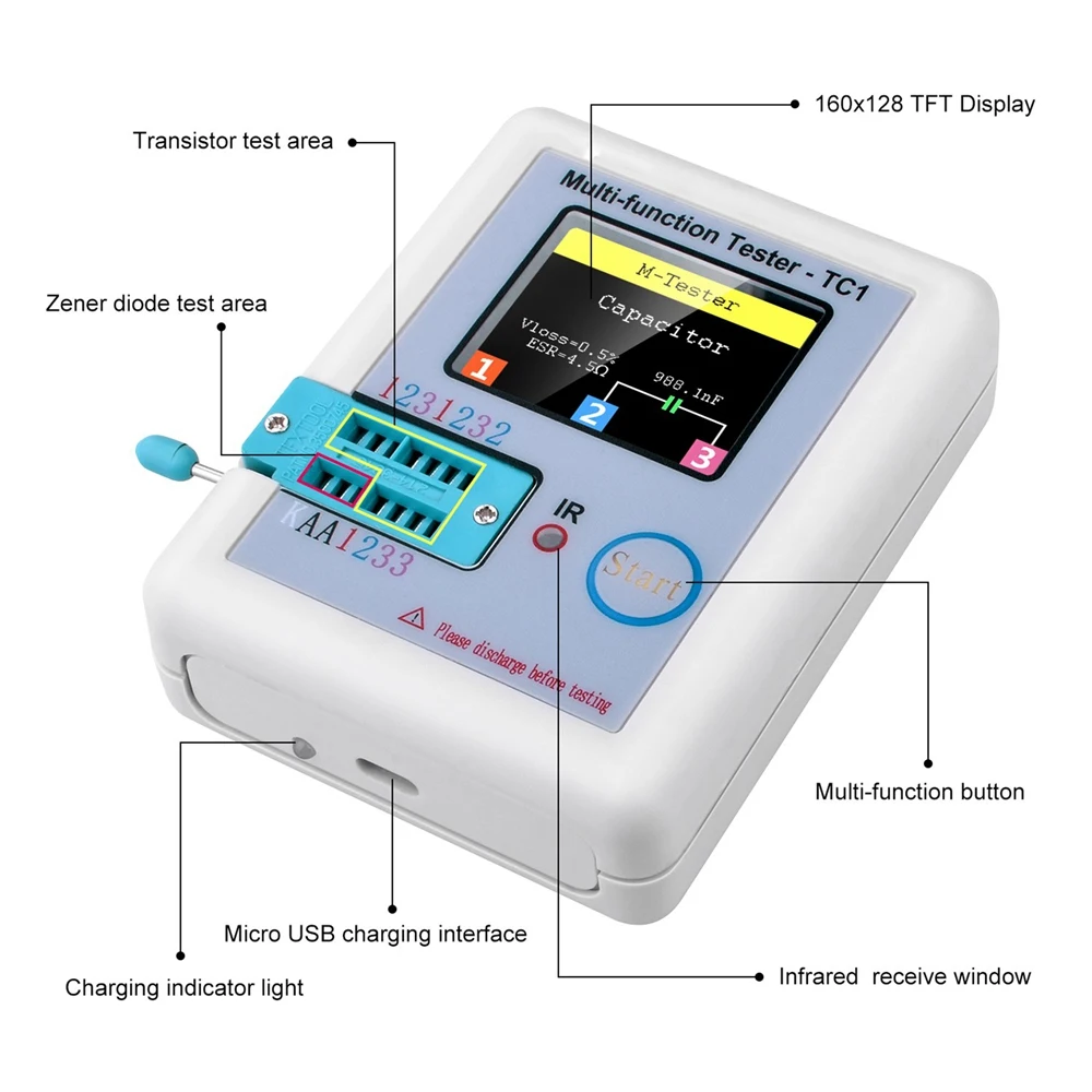 Transistor TFT Multi-Funcional, Display Colorido, Tester para Diodo, Triode, Capacitor, LCR-TC1, 1.8 ", 160x128
