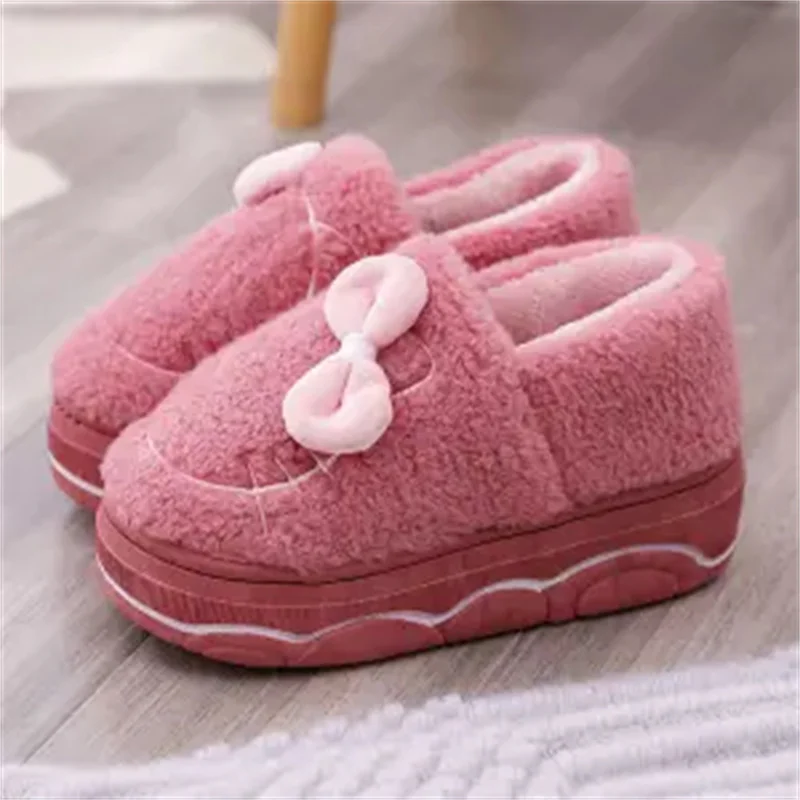 Bowknot Cat Slippers Women\'s Winter High Heel Mules Girls Fuzzy Home Shoes Fur Clogs Woman Purple Furry Slides Platform Gift