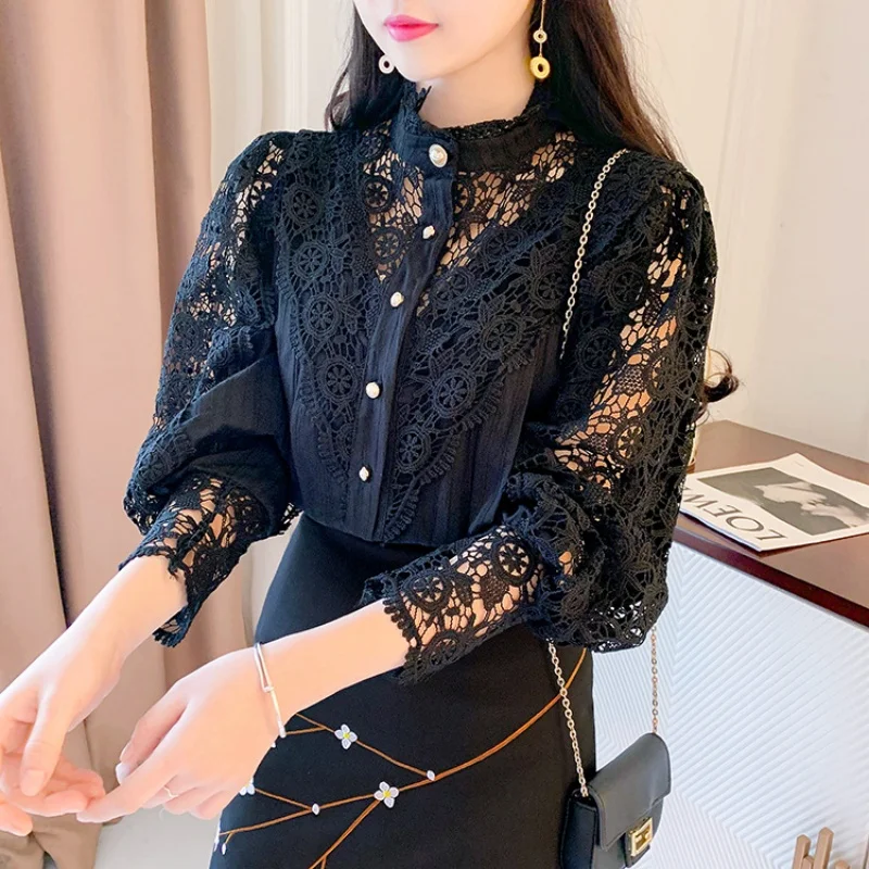 Office Lady Elegant Hollow Out Lace Shirt Women Fashion Long Sleeve Stand Collar Blouses Casual Solid Color Tops