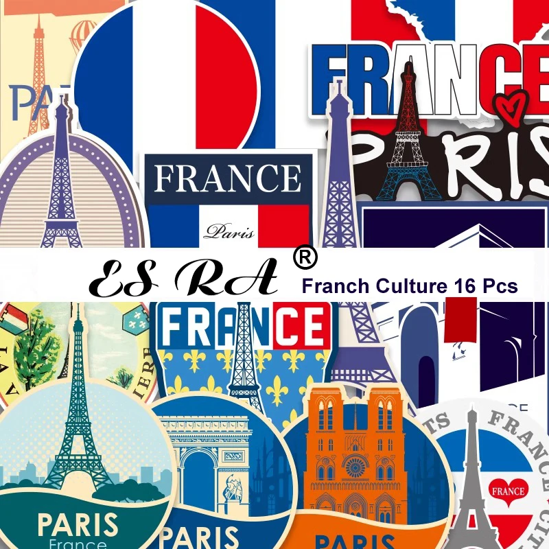 

16 Pcs/Set France Culture Stickers Travel Cities Decals Paris Pegatinas for Car Suitcase Bottle Luggage Journal Decor