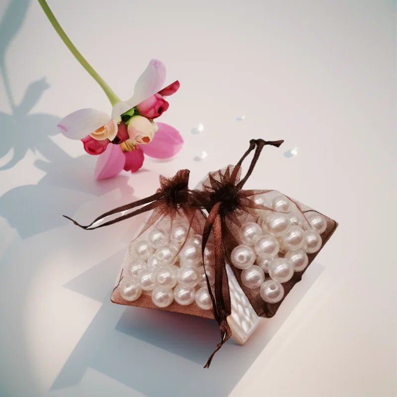 1000pcs Transparent Packing Organza Drawstring Pouch Brown Gift Bags Sachet Packaging Christmas Party Favors Wedding Display Diy