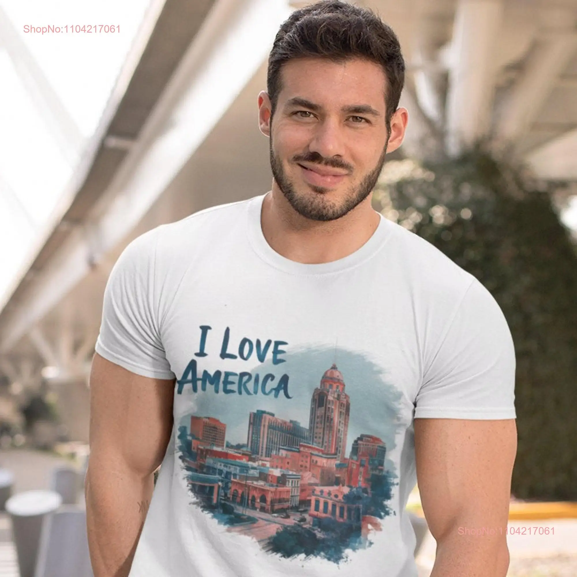 San Antonio Skyline I Love America T Shirt Realistic Cityscape Art Blue Orange Architecture Patriotic Urban Design