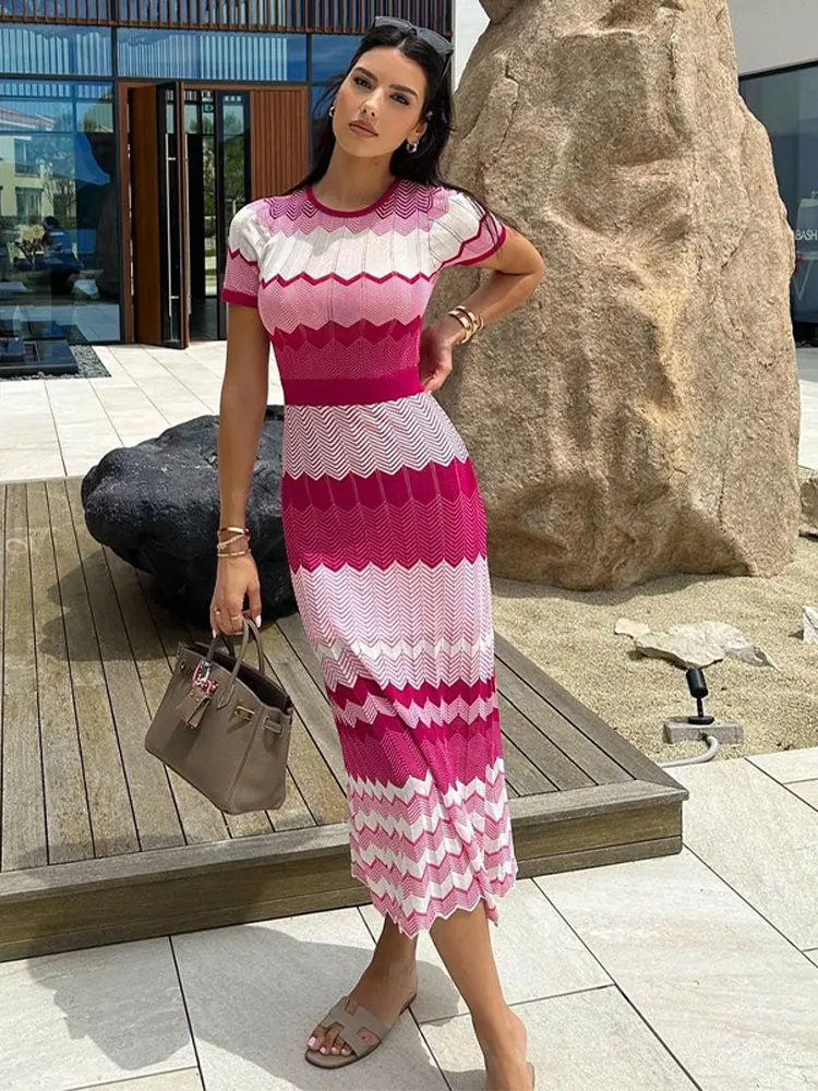 

Women Elegant Contrast Knitted Slim Maxi Dress Round Neck Short Sleeve Dresses Lady Vacation Casual Street Vestido Red White