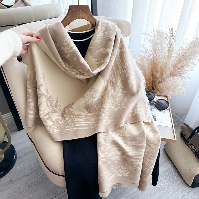 Women Winter Cashmere Scarf White Crane and Bamboo Forest Pashmina Luxury Brand Shawls and Wraps Bufanda Echarpe Warm Blanket