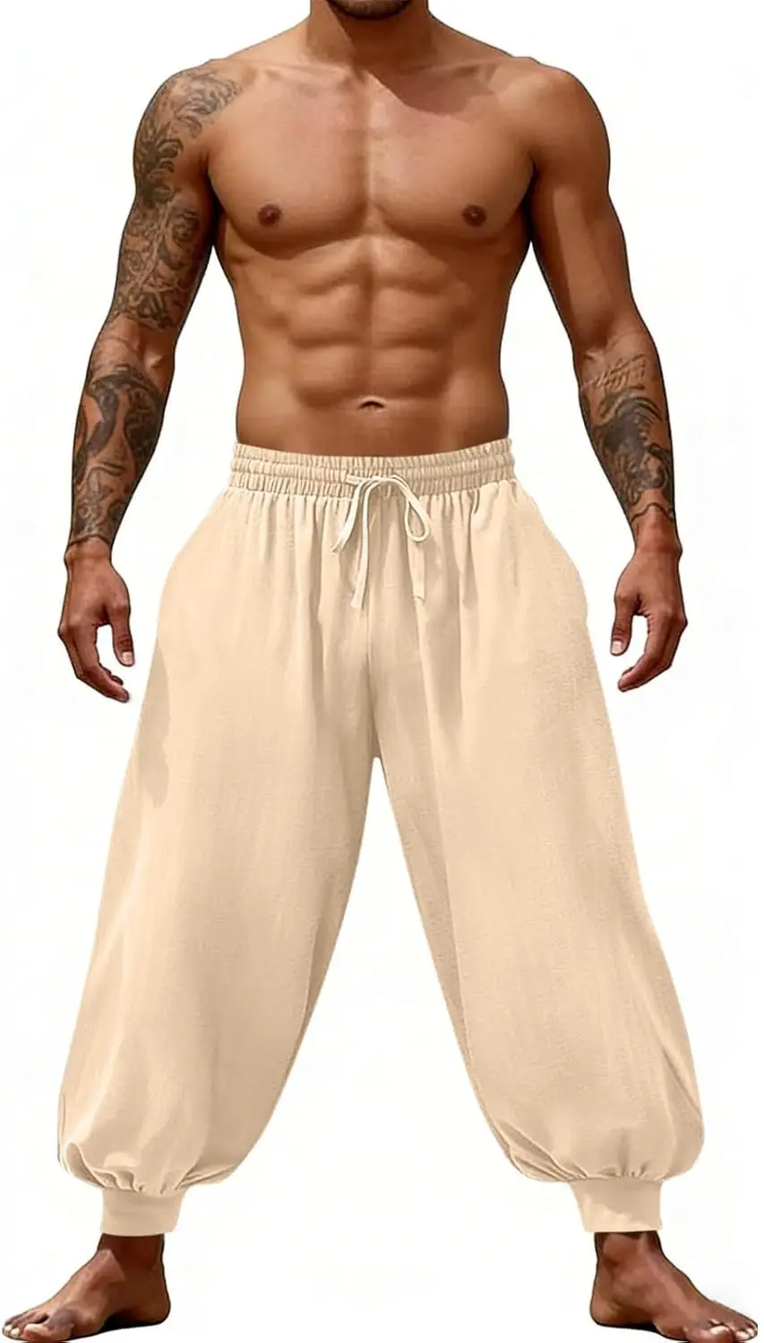 Mittelalterliche Knöchelhose für Herren, Renaissance Wikinger Piraten Schnürhose, Halloween Leinen Kostümhose, Cargo-Hose – Detail 5