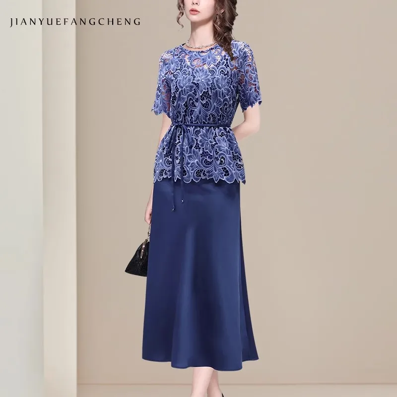 

Two piece set of 2025 Summer Lace top + Chiffon Camisole dress women's hollow heavy industry chiffon suspender dress set