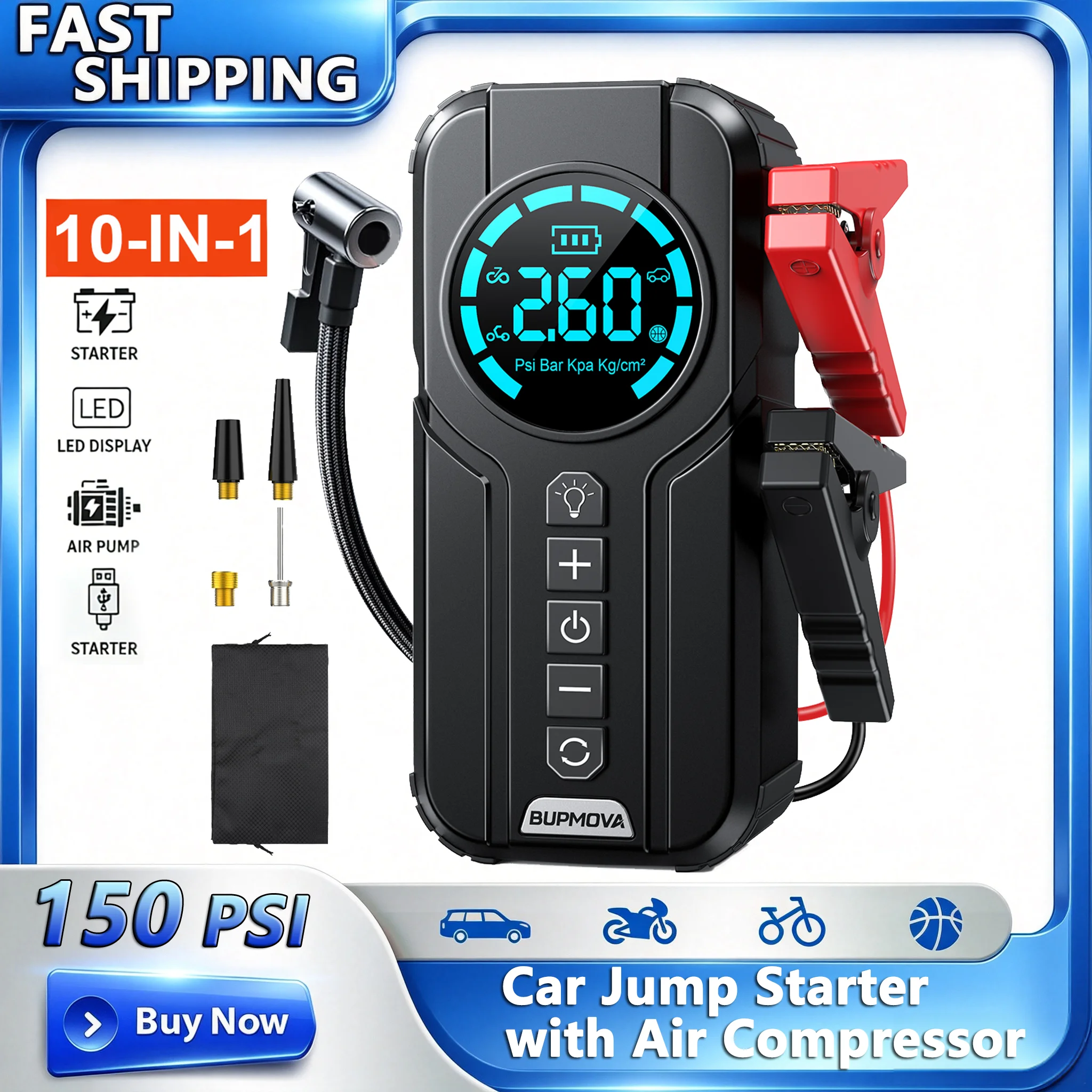 Avviatore di emergenza per auto 8000A con compressore d'aria da 150 PSI, power bank portatile con batteria da 21800 mAh, include cavi di avviamento portatili, display LCD e luce LED.