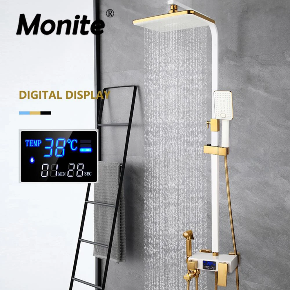 Monite White & Golden Plated Bathroom Shower Set Digital Display Rainfall Shower Bath Mixer Faucet Wall Mounted Black Golden Tap