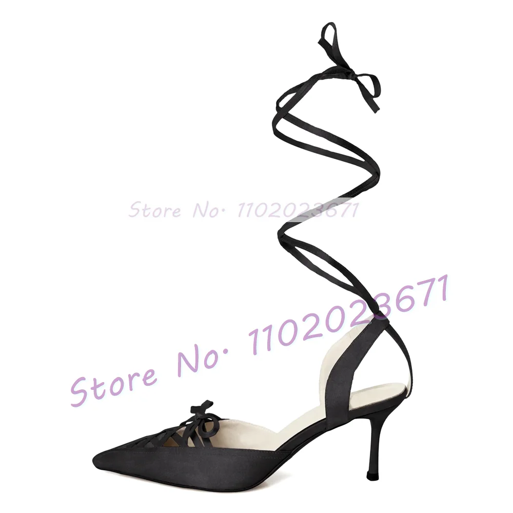 Pink Strappy Pointy Toe Sandals Women Elegant Black Satin Lolita Sandals Ladies Party Lace-up Lovely Bowknot Embellished Shoes