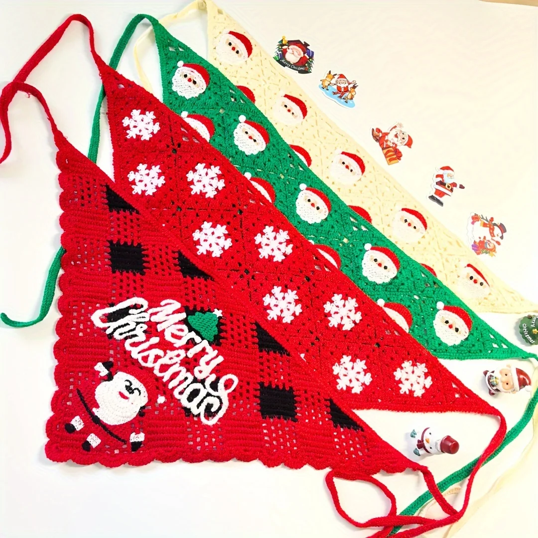 

Vintage Hand-Crocheted Christmas Santa Triangle Head Scarf | Festive Cotton Triangle Bandana Knit Hair Accessory | Handmade Croc