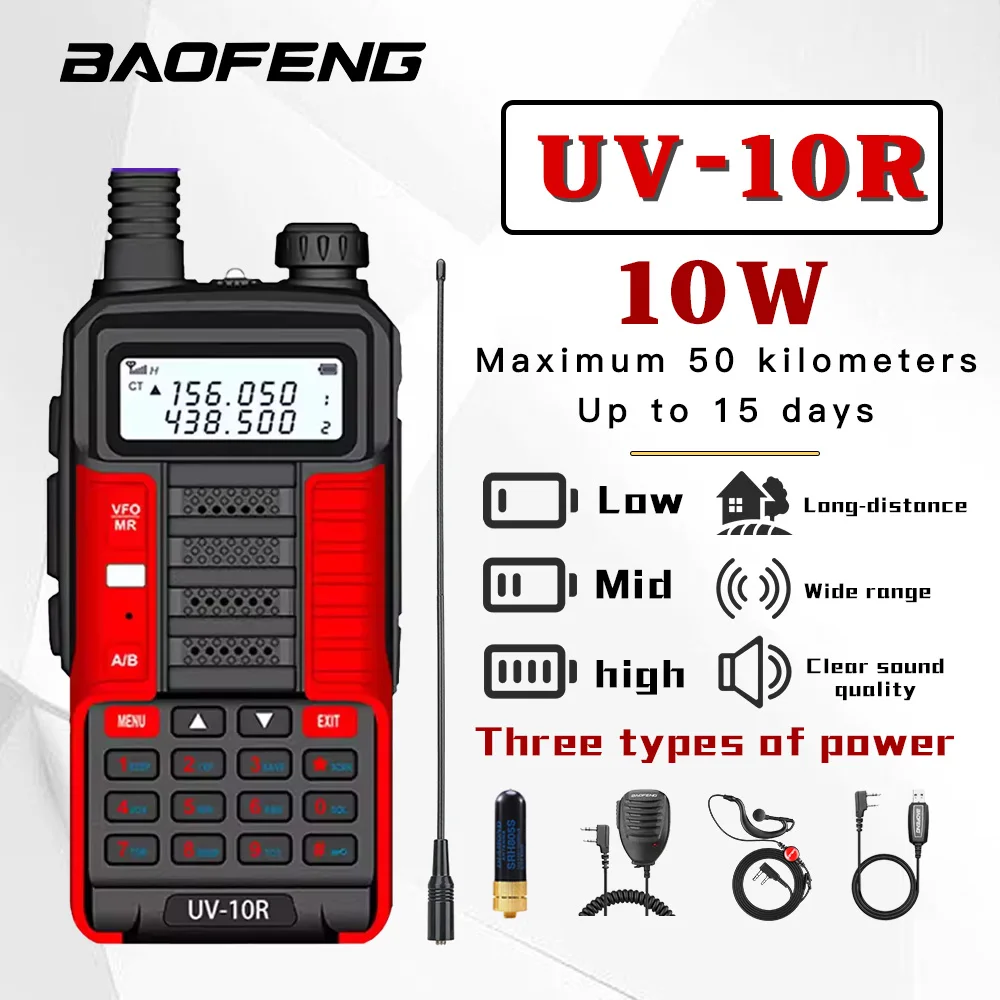 Baofeng Walkie Talkie UV-10R 10W Tri-Mode High Power Dual Band Two Way CB Ham Radios 50KM Long Range Communication Transceiver