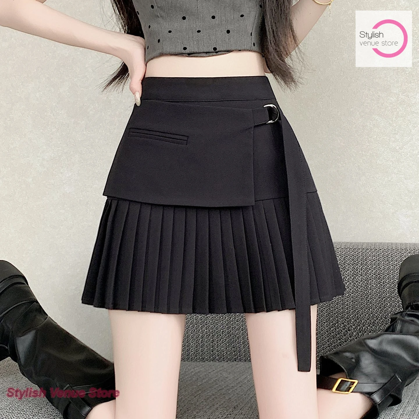 

Korean style fake two-piece design sense gray suit A-word skirt female spring and summer fashion high waist slim pleated skirt