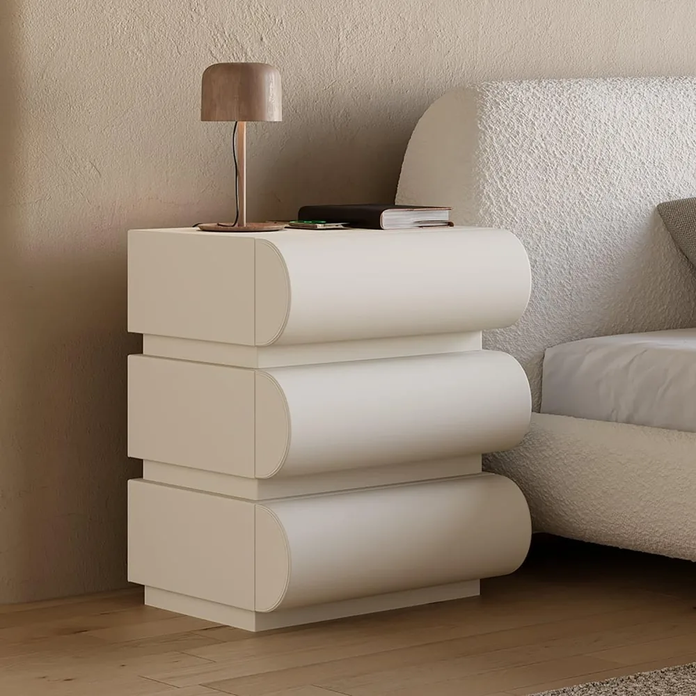 Smart Nightstand with Drawers Modern White Leather Nightstands with Wireless Charger Bedside Table with 3 Drawers for Bedroom